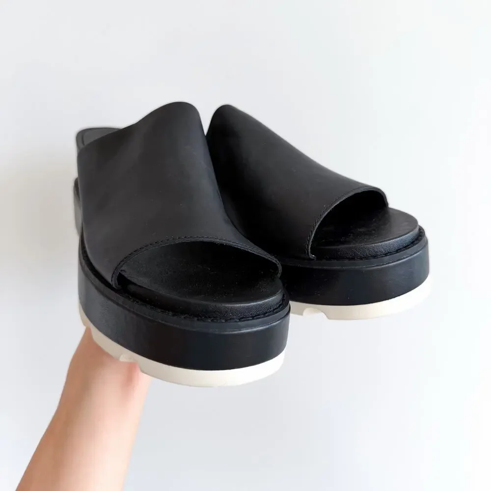Sorel Joanie IV Slide Leather Open-Toe Wedge Sandals Black 10